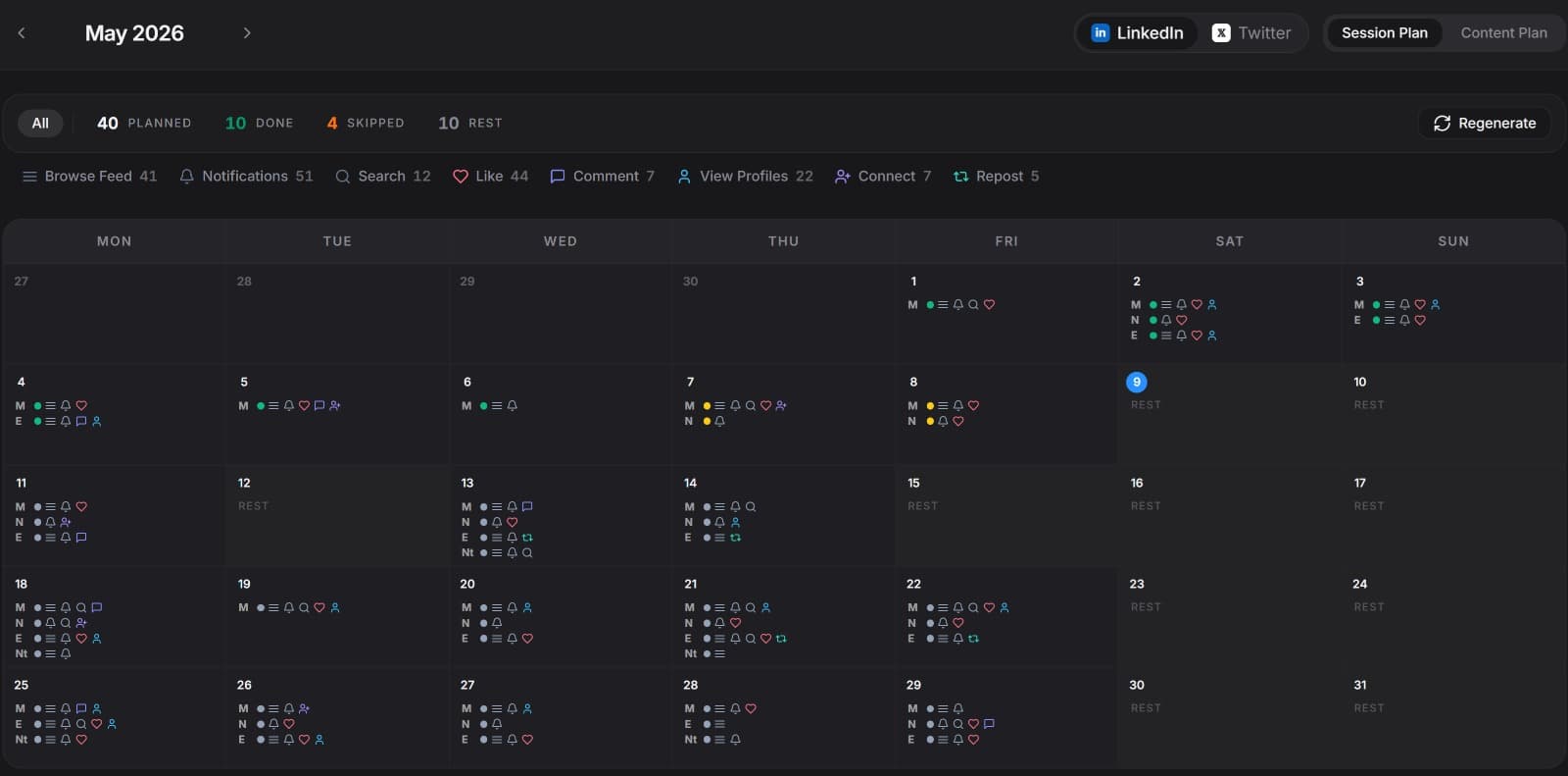 SocialNexis calendar view showing a full month of LinkedIn and X (Twitter) sessions